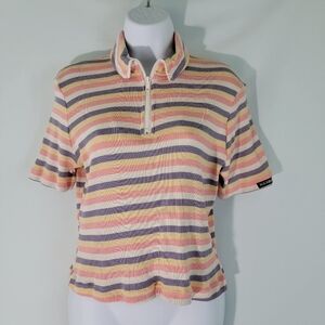 NEW ROCKIES Vintage Women's Orange/Purple Striped 1/4 Zip Short Sleeve Top Sz S